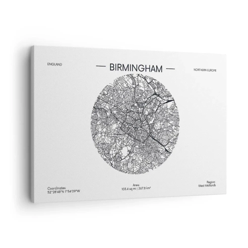 Obraz na plátne - Minimalistická čiernobiela mapa Birminghamu s presnými detailmi. - 70x50cm - Anatómia Birminghamu - Moderná nástenná dekorácia do obývacej izby a spálne ARTTOR