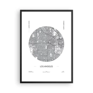 Plagát v čiernom ráme - Minimalistická mapa Los Angeles v čiernobielej farbe. - 50x70cm - Anatómia Los Angelesu - Moderná nástenná dekorácia do obývacej izby a spálne ARTTOR