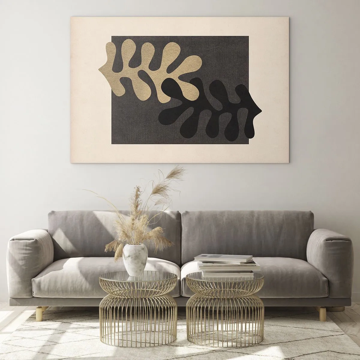 Obraz na skle - Abstraktné tvary v čiernej a béžovej farbe na geometrickom pozadí - 70x50cm - Neprítomnosť a doplnenie - Moderná nástenná dekorácia do obývacej izby a spálne ARTTOR