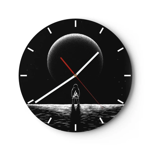 Nástenné hodiny - Silueta astronauta pred veľkou planétou vo vesmíre - 30x30cm - Tvári v tvár - Moderná nástenná dekorácia do obývacej izby, kuchyne a spálne ARTTOR