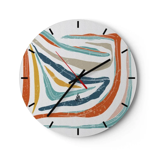 Nástenné hodiny - Farebné, dynamické vlny a čiary vytvárajú radostný abstraktný vzor. - 30x30cm - Priateľsky usmievavá abstrakcia - Moderná nástenná dekorácia do obývacej izby, kuchyne a spálne ARTTOR