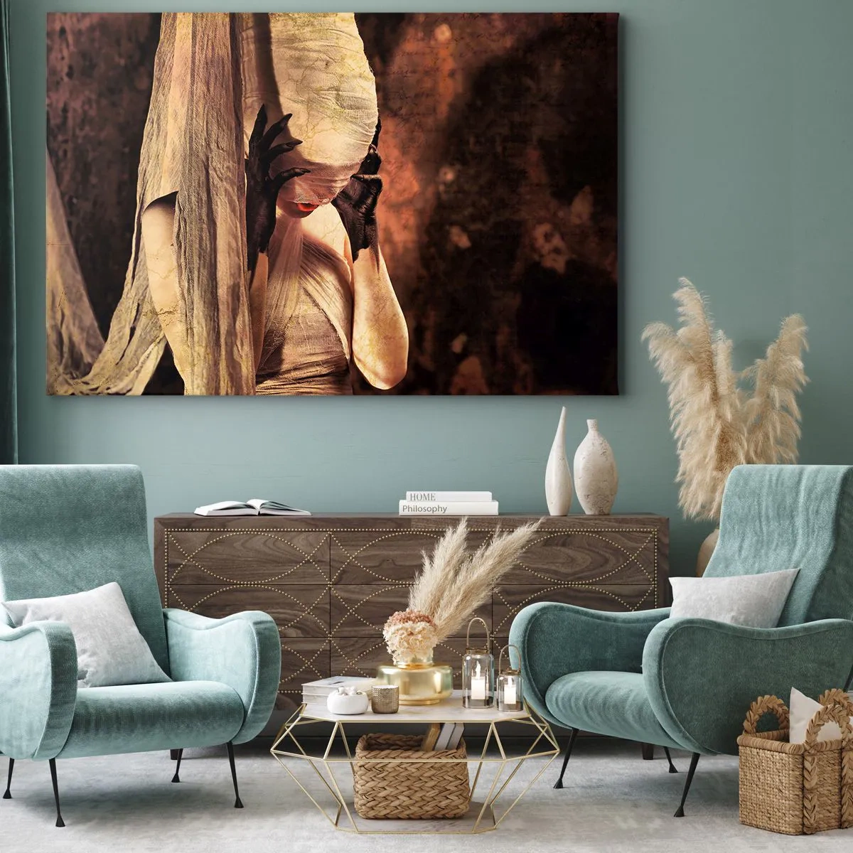 Obraz na plátne - Žena v závoji s tajomným štýlom na tmavom pozadí - 70x50cm - Medzi dobrom a zlom - Moderná nástenná dekorácia do obývacej izby a spálne ARTTOR