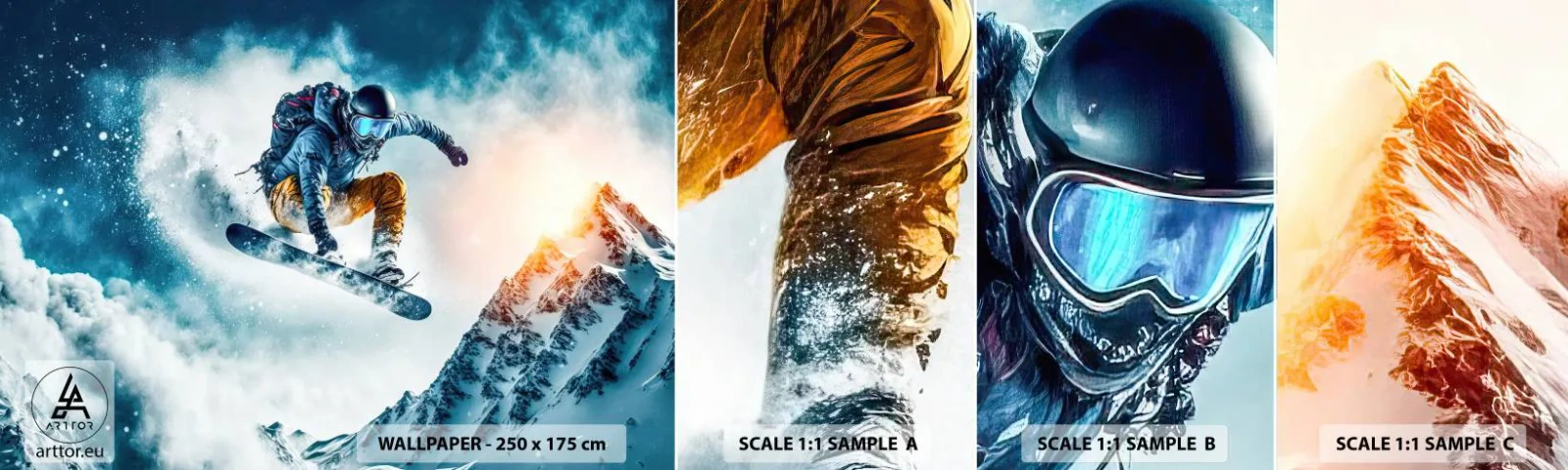 Vzorka samolepiacej fototapety Deluxe Sticker - Extrémne emócie - Snowboarding, Šport, Zima - 100x30 cm