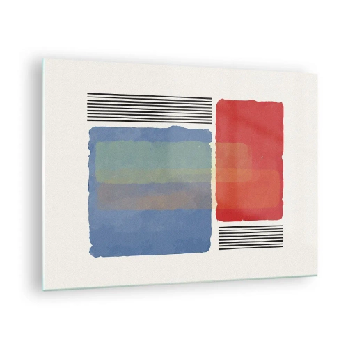 Obraz na skle - Geometrická kompozícia s červenými a modrými obdĺžnikmi - 70x50cm - Duch a písmeno geometrie - Moderná nástenná dekorácia do obývacej izby a spálne ARTTOR