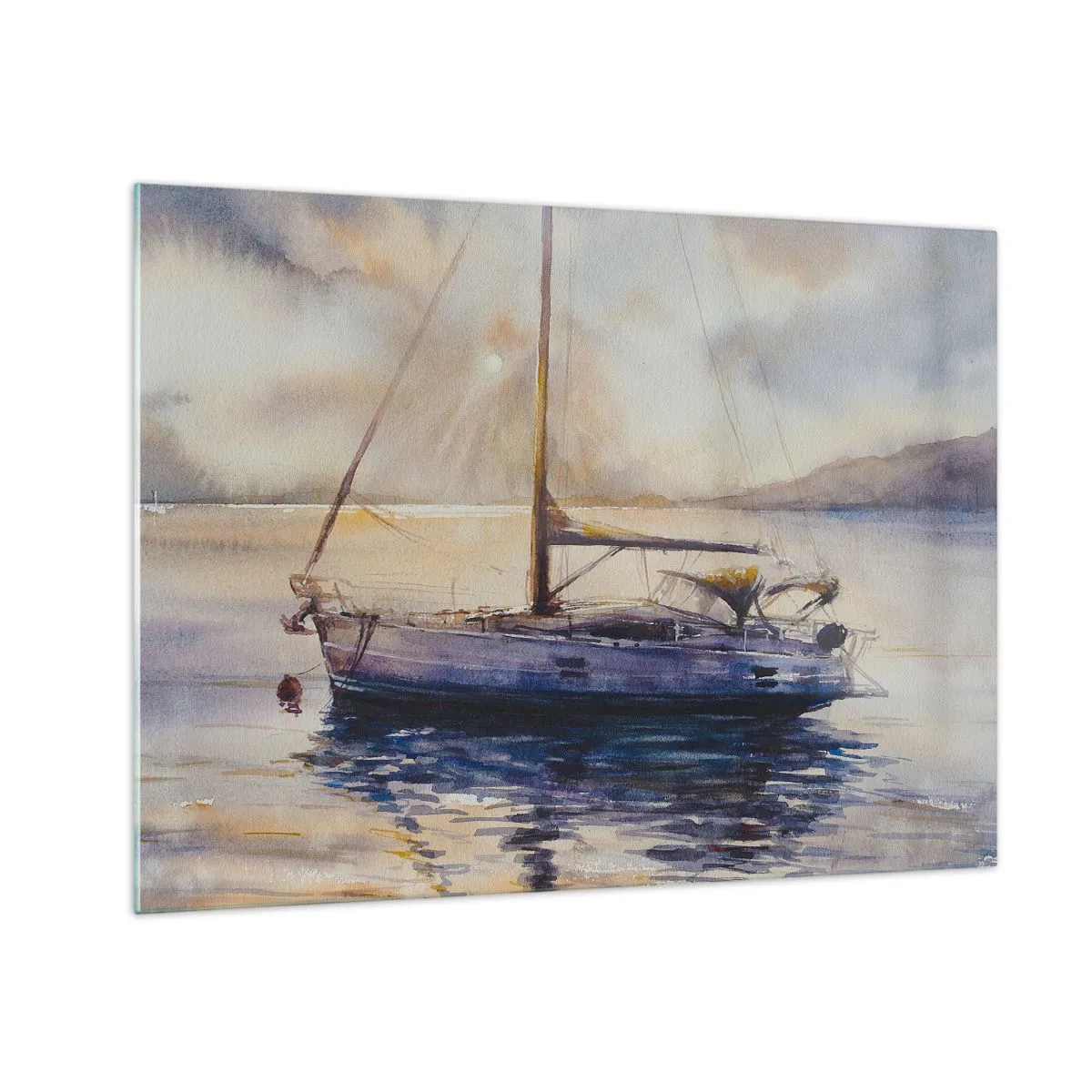 Obraz na skle - Jachta kotviaca v tichej zátoke za súmraku - 70x50cm - Večer v zátoke - Moderná nástenná dekorácia do obývacej izby a spálne ARTTOR
