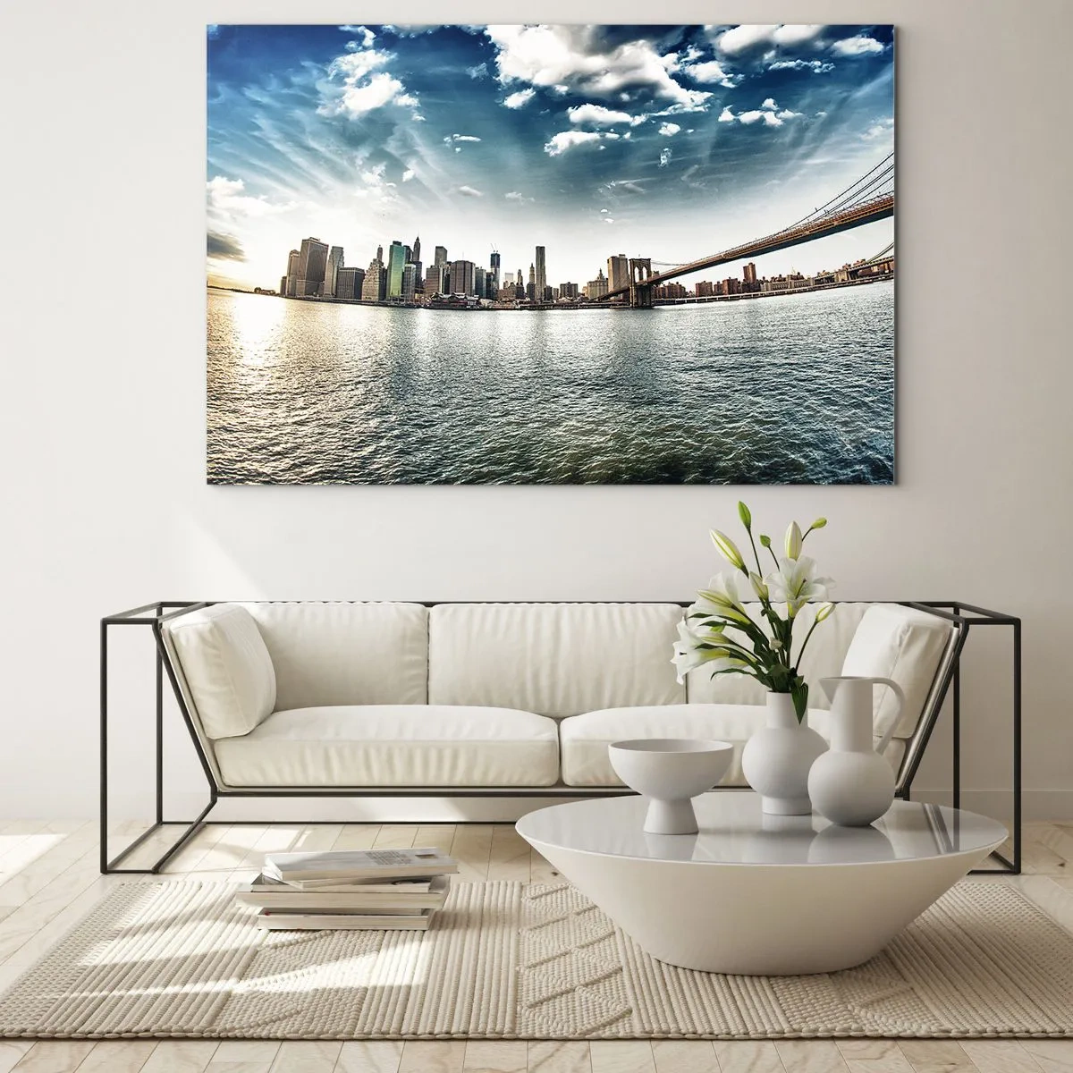 Obraz na skle - Panoráma New Yorku s Brooklynským mostom - 70x50cm - Sklenený ostrov - Moderná nástenná dekorácia do obývacej izby a spálne ARTTOR
