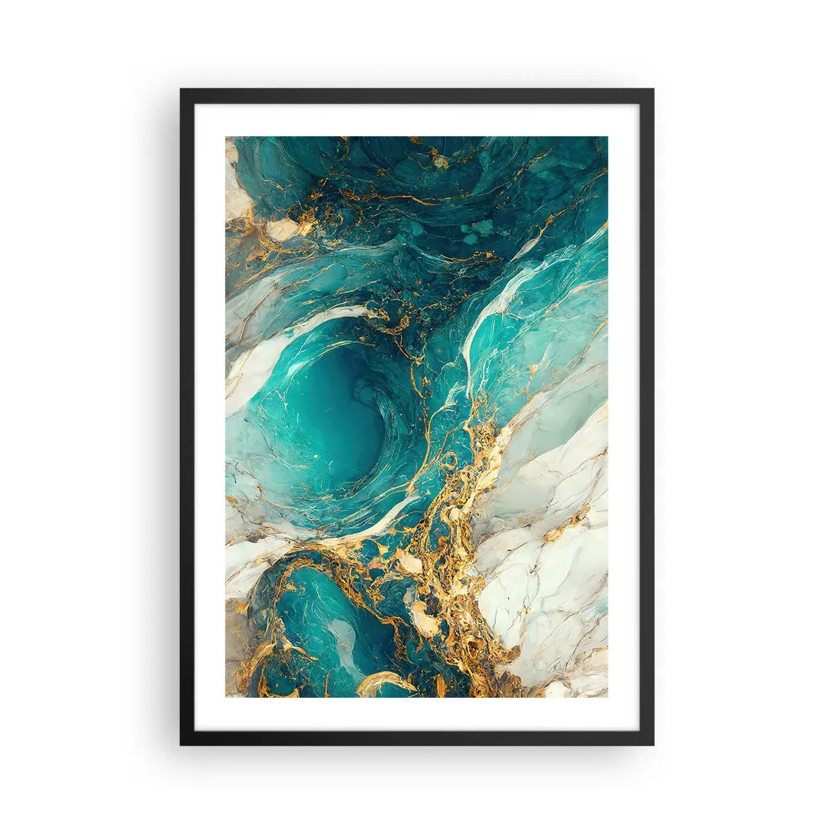 Plagát v čiernom ráme - Tyrkysová abstrakcia so zlatými akcentmi - 50x70cm - Kompozícia so zlatými žilami - Moderná nástenná dekorácia do obývacej izby a spálne ARTTOR