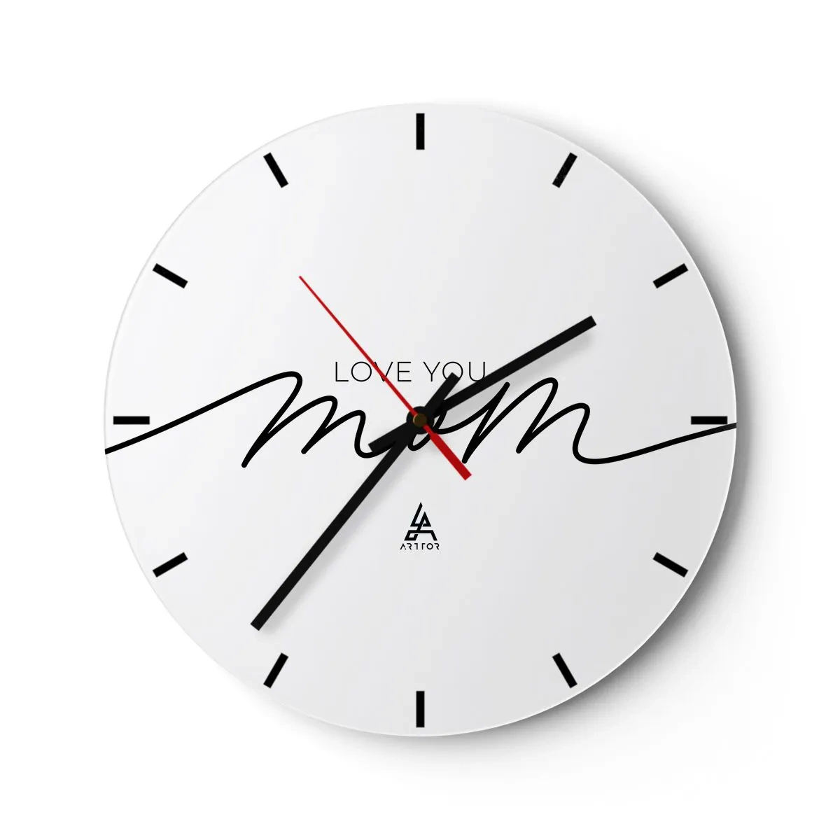 Nástenné hodiny - Nápis Ľúbim ťa, mama, na bielom pozadí v elegantnom štýle - 30x30cm - Veľké dojatie - Moderná nástenná dekorácia do obývacej izby, kuchyne a spálne ARTTOR
