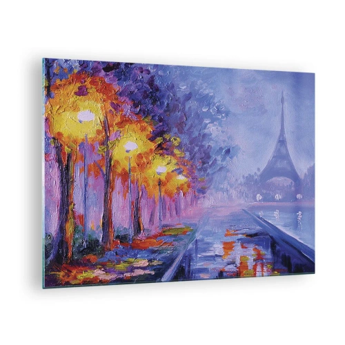 Obraz na skle - Večerná prechádzka Parížom s Eiffelovou vežou - 70x50cm - Prechádzka snov - Moderná nástenná dekorácia do obývacej izby a spálne ARTTOR