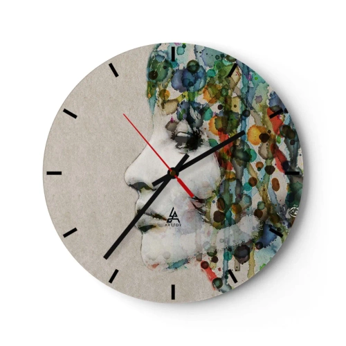 Nástenné hodiny - Umelecký profil tváre s farebnými akcentmi na sivom pozadí - 30x30cm - Vynorila sa zo šedej - Moderná nástenná dekorácia do obývacej izby, kuchyne a spálne ARTTOR