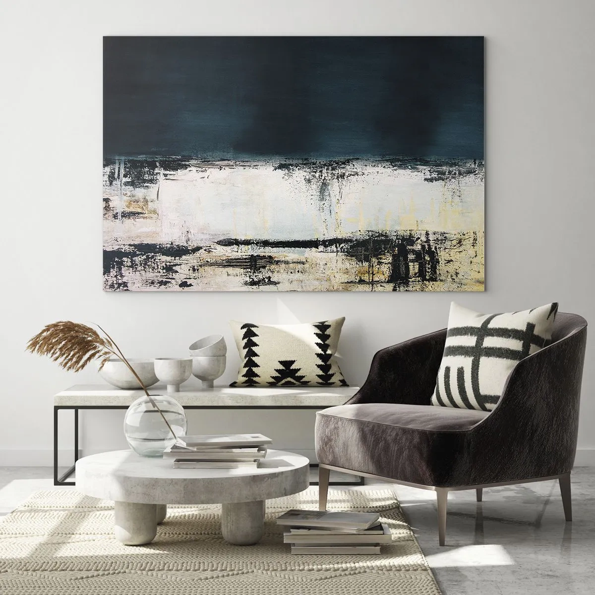 Obraz na skle - Abstraktná krajina v odtieňoch tmavomodrej a bielej - 70x50cm - Horizontálna kompozícia - Moderná nástenná dekorácia do obývacej izby a spálne ARTTOR