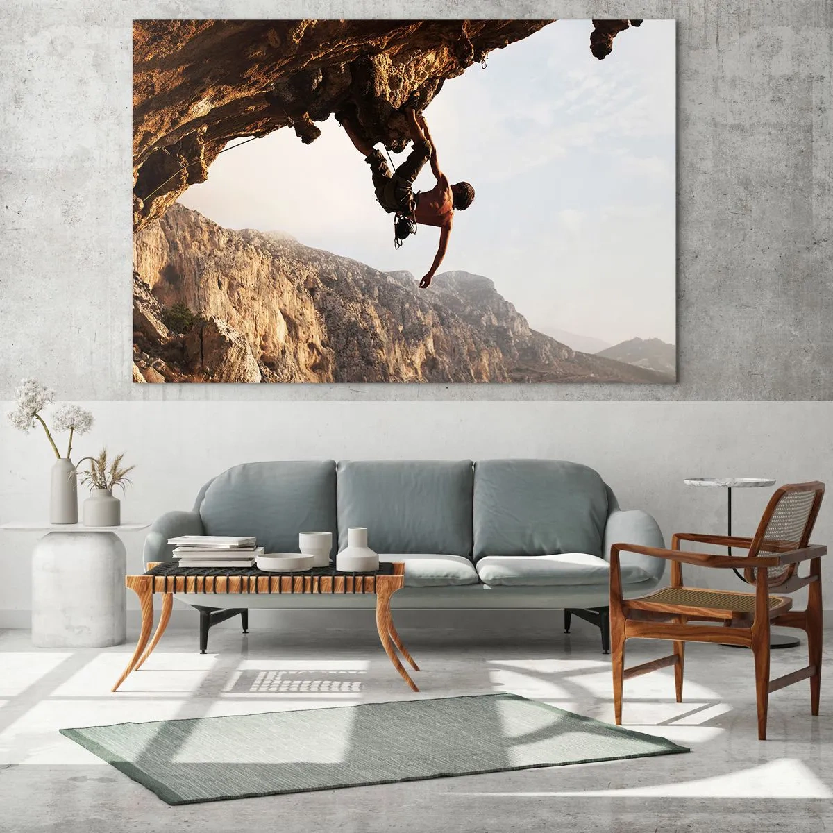 Obraz na skle - Lezenie po vertikálnej skale v horskej krajine - 70x50cm - Svet zovretý v ruke na zosuve balvanu - Moderná nástenná dekorácia do obývacej izby a spálne ARTTOR