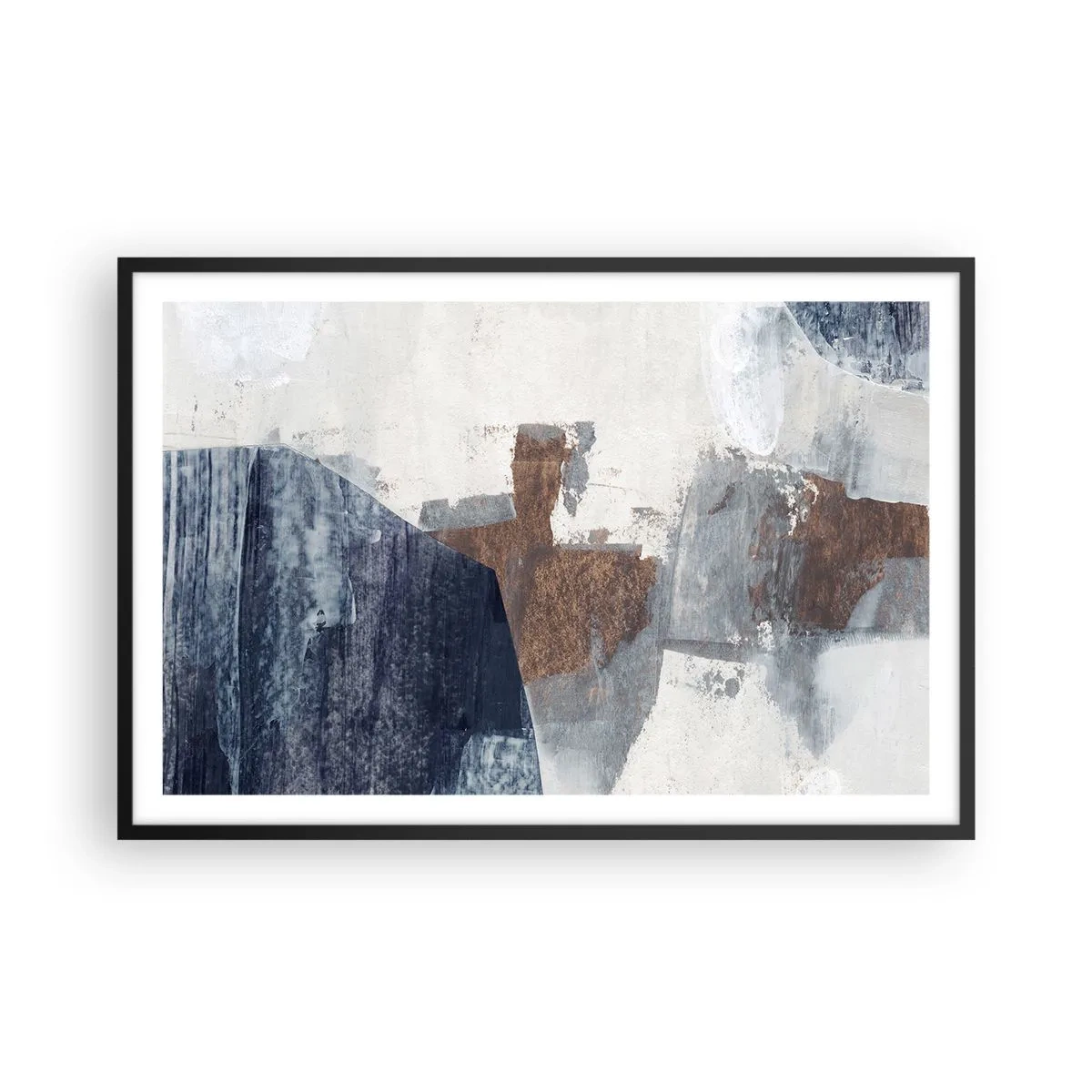 Plagát v čiernom ráme - Modro-hnedé tvary - 91x61 cm