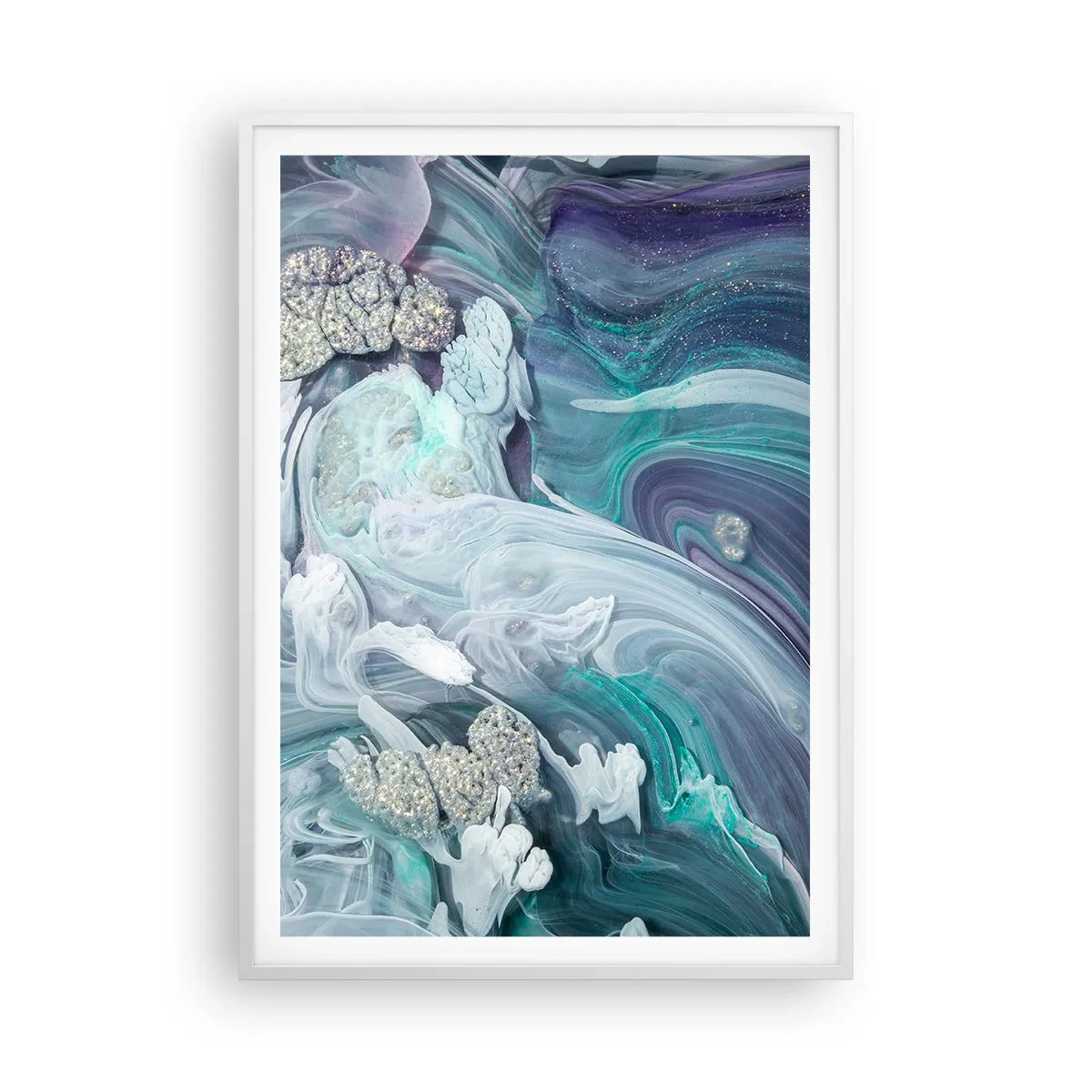 Plagát v bielom ráme - Prúdy modrej - 70x100 cm