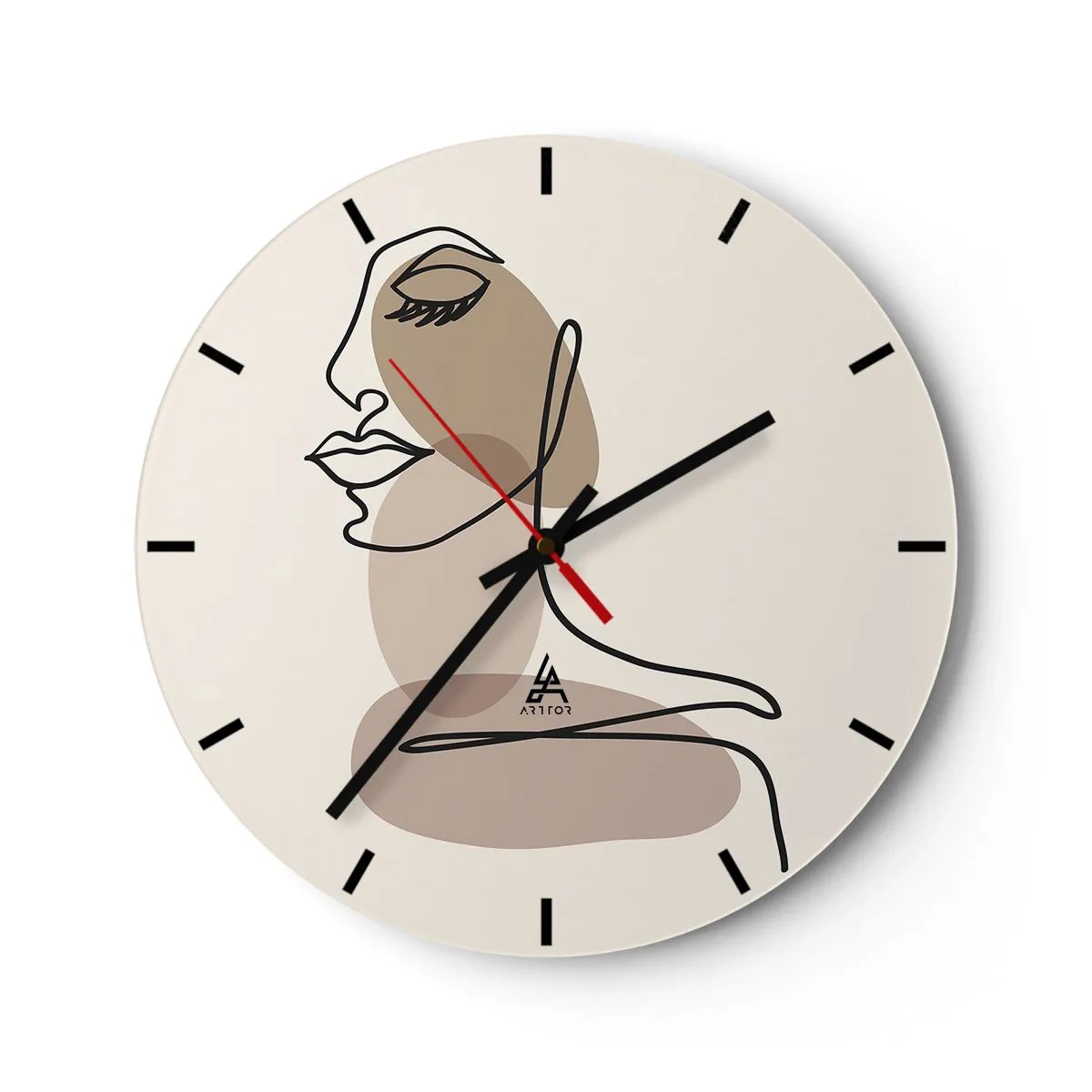 Nástenné hodiny - Minimalistický portrét ženy v štýle linkovej grafiky s béžovými škvrnami. - 30x30cm - Určitá línia krásy - Moderná nástenná dekorácia do obývacej izby, kuchyne a spálne ARTTOR