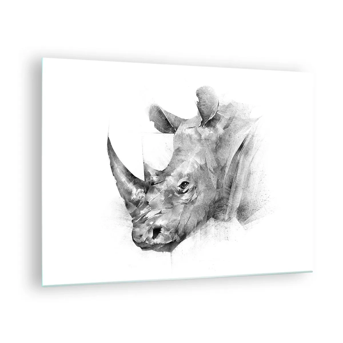 Obraz na skle - Čiernobiely portrét nosorožca v umeleckom prístupe - 70x50cm - Africký portrét - Moderná nástenná dekorácia do obývacej izby a spálne ARTTOR