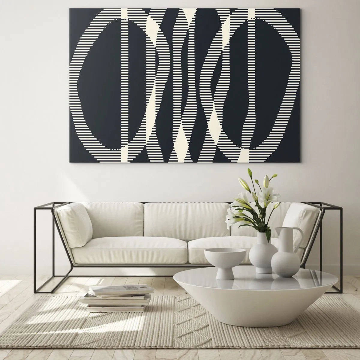 Obraz na skle - Geometrické línie v odtieňoch čiernej a béžovej - 70x50cm - Pokus o prelomenie temnoty - Moderná nástenná dekorácia do obývacej izby a spálne ARTTOR
