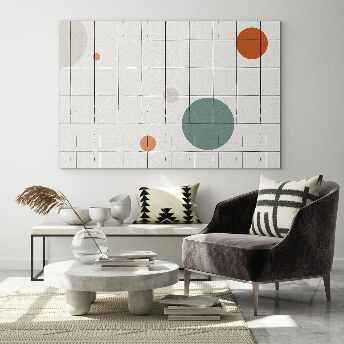 Obraz na skle - Farebné kruhy na geometrickej mriežke tenkých čiar - 70x50cm - Uväznené. My alebo ony? - Moderná nástenná dekorácia do obývacej izby a spálne ARTTOR
