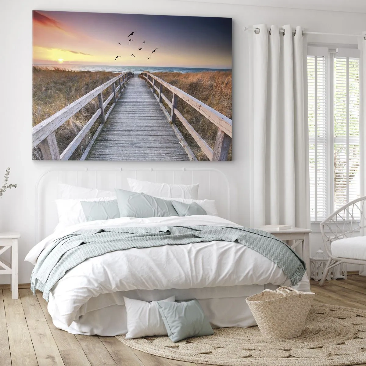 Obraz na plátne - Drevené mólo vedúce na pláž pri západe slnka - 70x50cm - Priestor pre vzostupy - Moderná nástenná dekorácia do obývacej izby a spálne ARTTOR