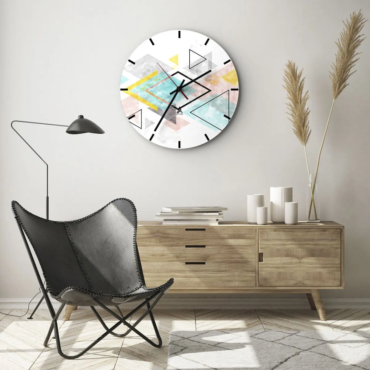 Nástenné hodiny - Farebné trojuholníky a kosoštvorce v geometrickom štýle - 30x30cm - Geometrická hračka - Moderná nástenná dekorácia do obývacej izby, kuchyne a spálne ARTTOR