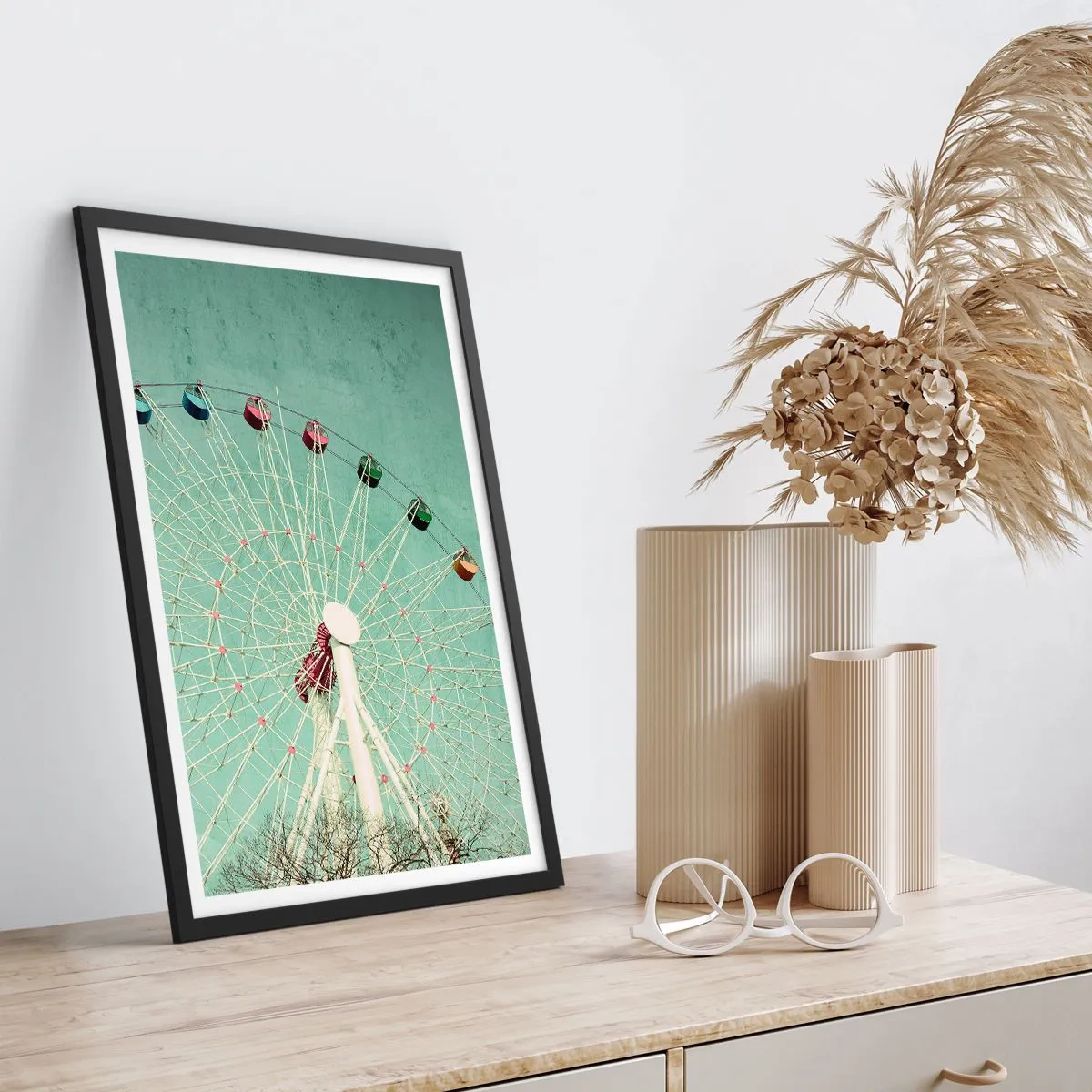 Plagát v čiernom ráme - Retro ruské koleso proti mätovej oblohe - 50x70cm - Pozývame vás na zábavu - Moderná nástenná dekorácia do obývacej izby a spálne ARTTOR