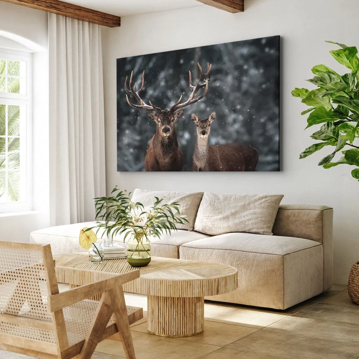Obraz na plátne - Jeleň v zasneženom zimnom lese - 70x50cm - Pán lesa so svojou ženou - Moderná nástenná dekorácia do obývacej izby a spálne ARTTOR