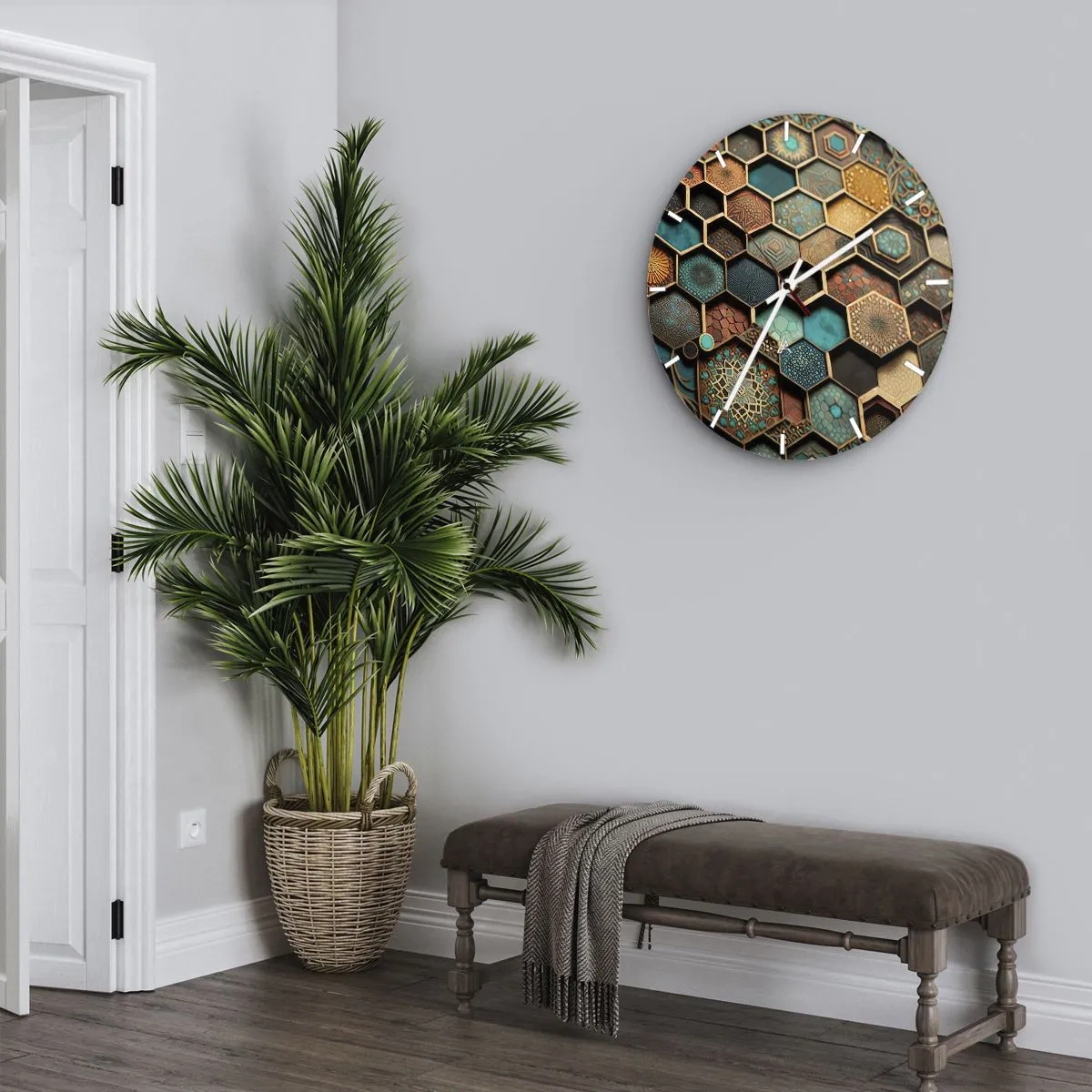 Nástenné hodiny - Viacfarebné šesťuholníky s orientálnymi vzormi - 30x30cm - Arabské ornamenty – variácia - Moderná nástenná dekorácia do obývacej izby, kuchyne a spálne ARTTOR
