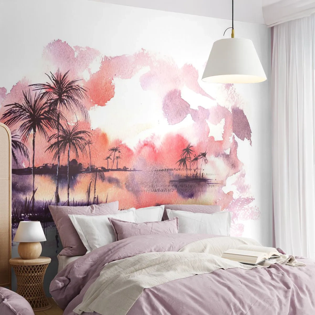 Fototapeta Standard Eco - Západ slnka nad tropickou krajinou v akvareloch - 100x70cm - Pokoj trópov v červenej - Moderná nástenná dekorácia do obývacej izby a spálne ARTTOR