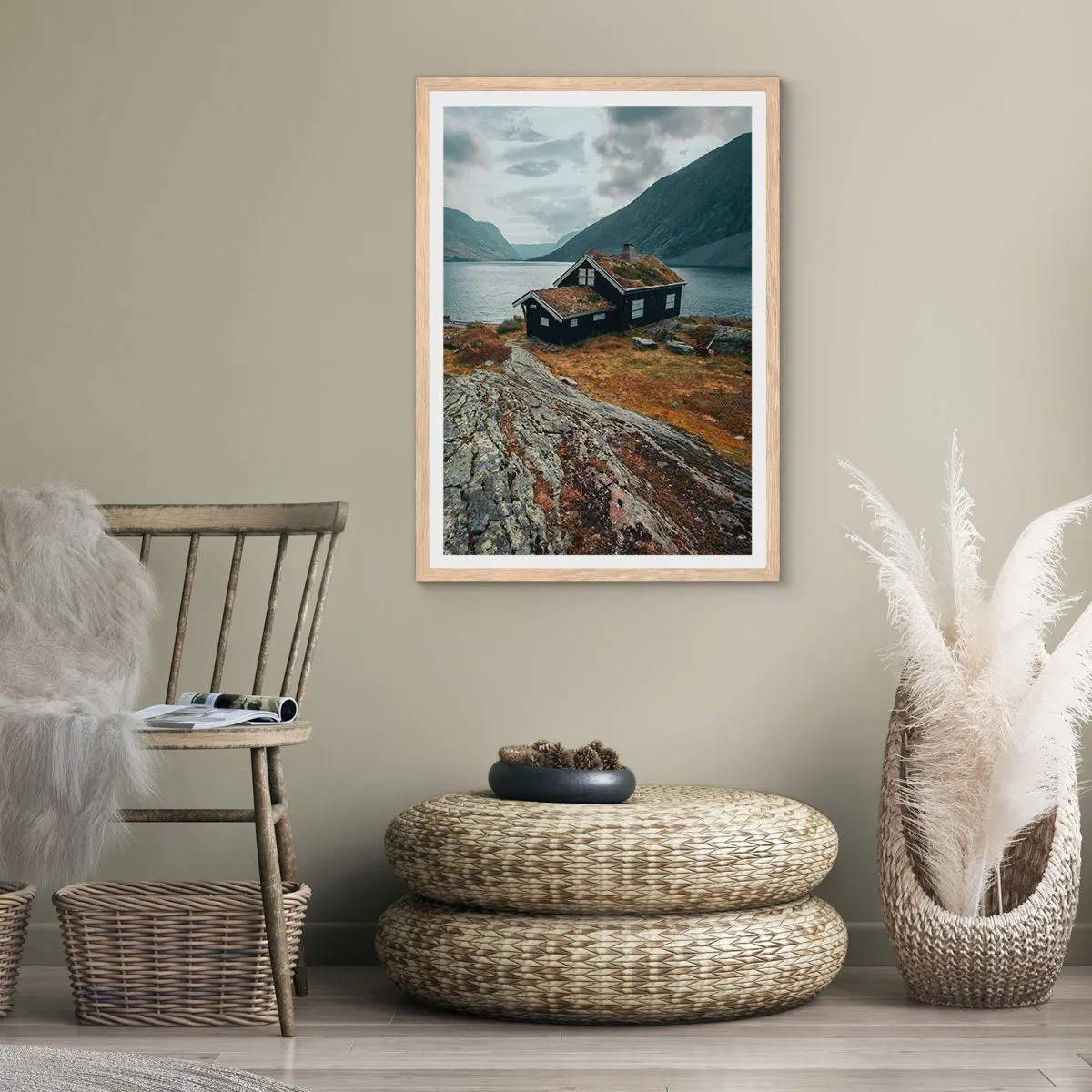 Plagát v ráme zo svetlého duba - Domček pri fjorde - 50x70 cm