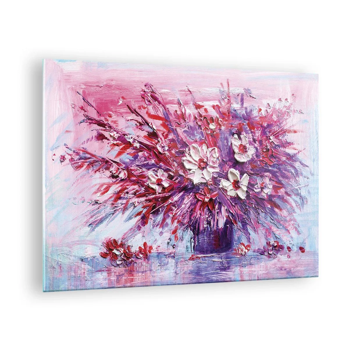 Obraz na skle - Kytica kvetov v odtieňoch ružovej a fialovej - 70x50cm - Nevinnosť a vášeň - Moderná nástenná dekorácia do obývacej izby a spálne ARTTOR