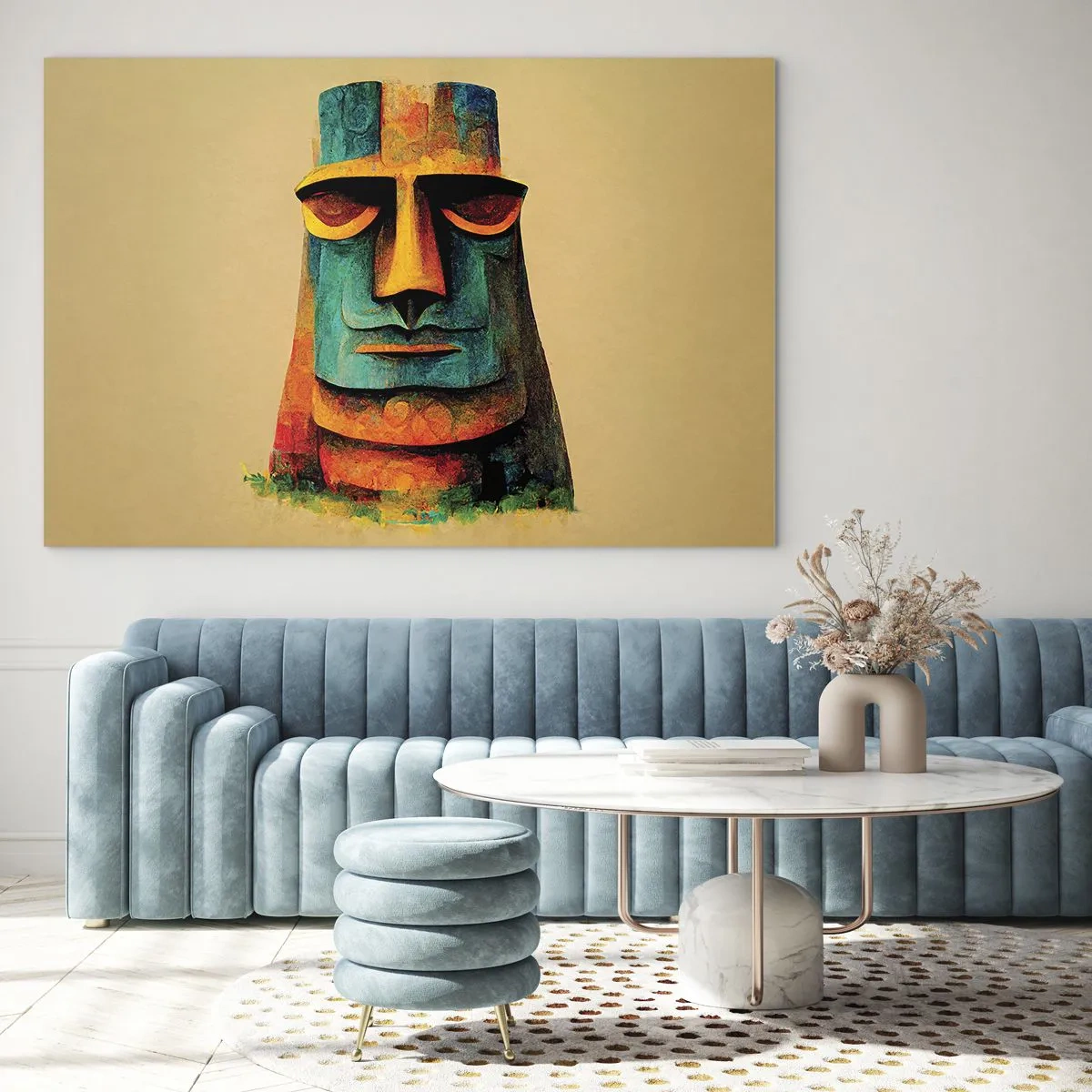 Obraz na skle - Farebný portrét inšpirovaný kamennou sochou na béžovom pozadí. - 70x50cm - Sošný, ale sympatický - Moderná nástenná dekorácia do obývacej izby a spálne ARTTOR