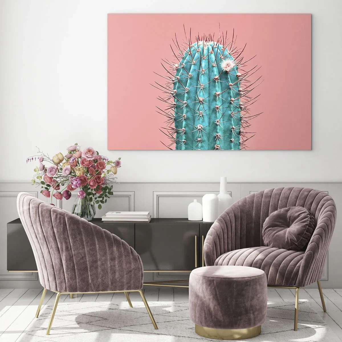 Obraz na skle - Zelený kaktus s tŕňmi na ružovom pozadí - 70x50cm - Len pozeraj - Moderná nástenná dekorácia do obývacej izby a spálne ARTTOR