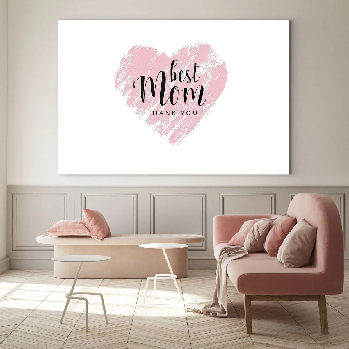 Obraz na skle - Ružové srdce s nápisom „Najlepšia mama“ na bielom pozadí - 70x50cm - Vždy pravá chvíľa - Moderná nástenná dekorácia do obývacej izby a spálne ARTTOR