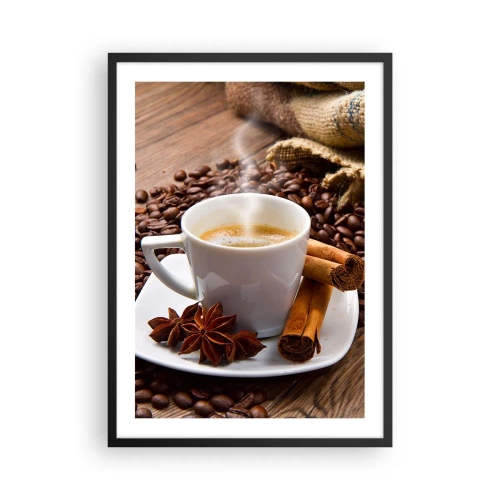 Plagát v čiernom ráme - Šálka kávy s korením na pozadí kávových zŕn - 50x70cm - Pikantná chuť a aróma - Moderná nástenná dekorácia do obývacej izby a spálne ARTTOR