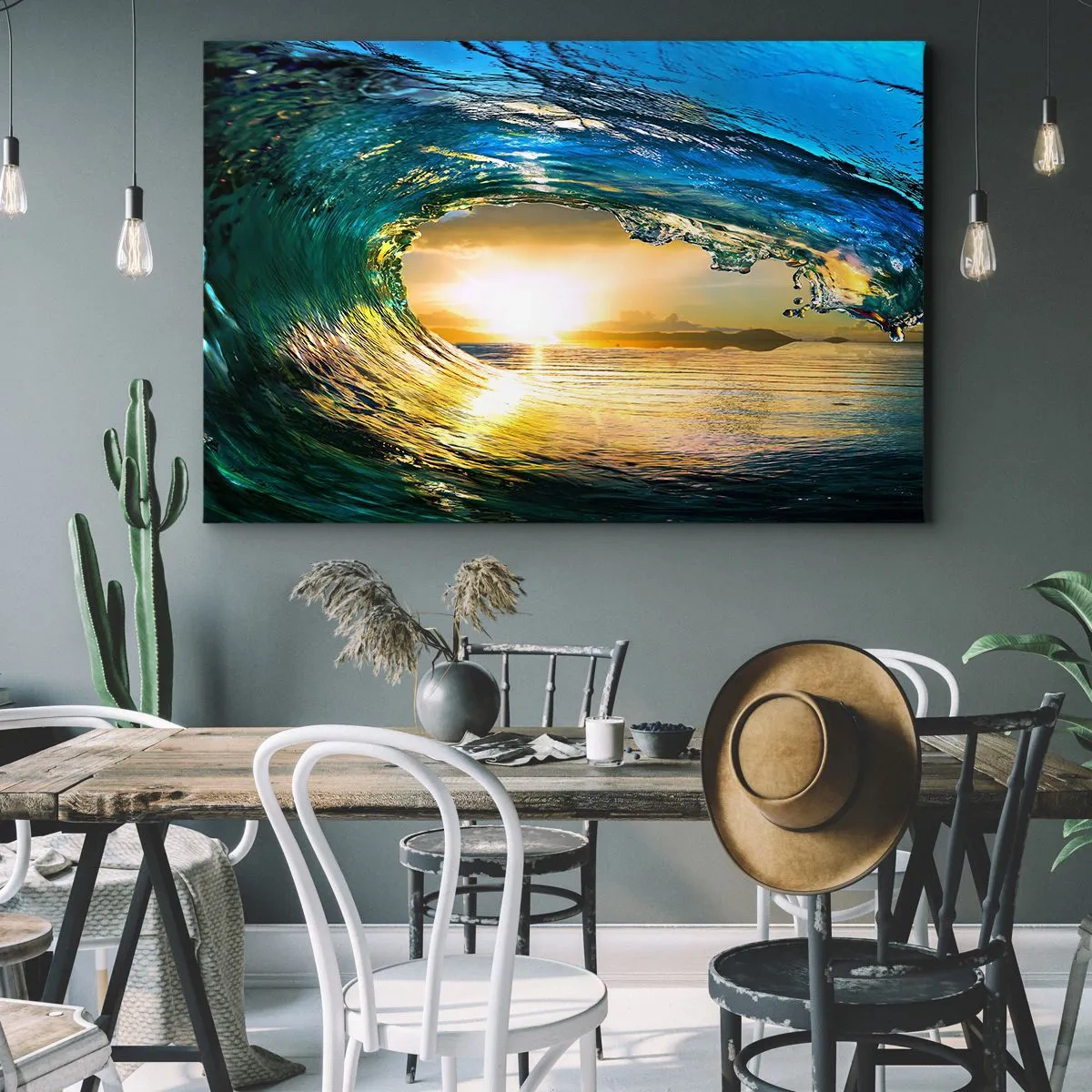 Obraz na plátne - Oceánske vlny na slnku s výhľadom na horizont - 70x50cm - V smaragdovo-zlatom krištáli - Moderná nástenná dekorácia do obývacej izby a spálne ARTTOR