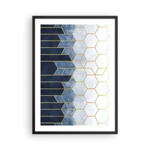 Plagát v čiernom ráme - Geometrická kompozícia v odtieňoch tmavomodrej a zlatej so šesťuholníkmi - 50x70cm - Kompozícia v synkopickom rytme - Moderná nástenná dekorácia do obývacej izby a spálne ARTTOR