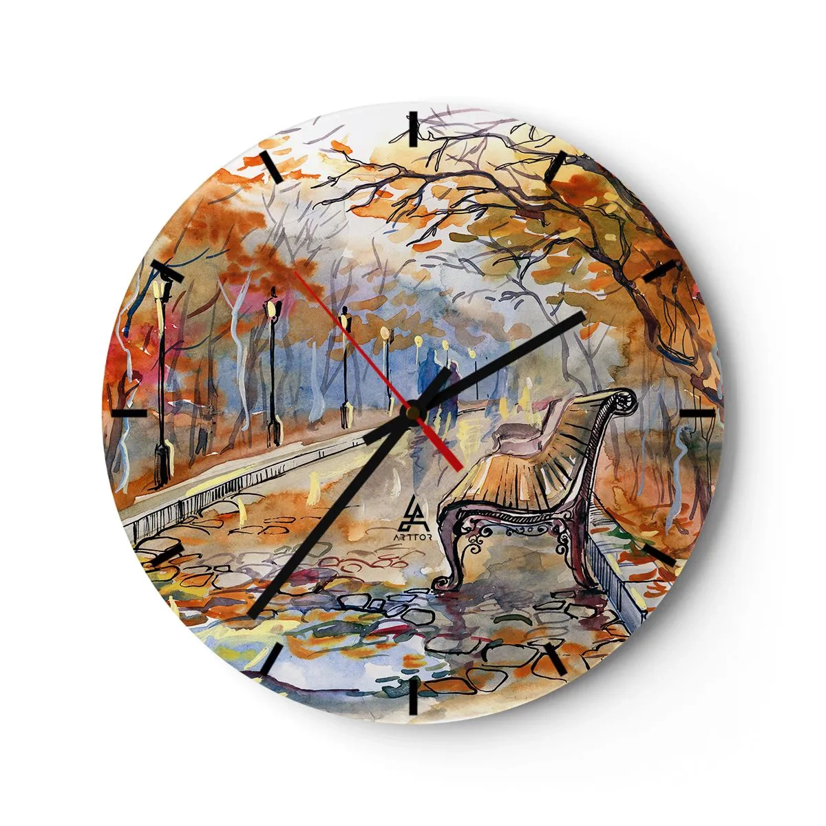 Nástenné hodiny - Jesenný park s lavičkou v akvarelovom štýle - 30x30cm - Spoločne putovať jeseňou - Moderná nástenná dekorácia do obývacej izby, kuchyne a spálne ARTTOR