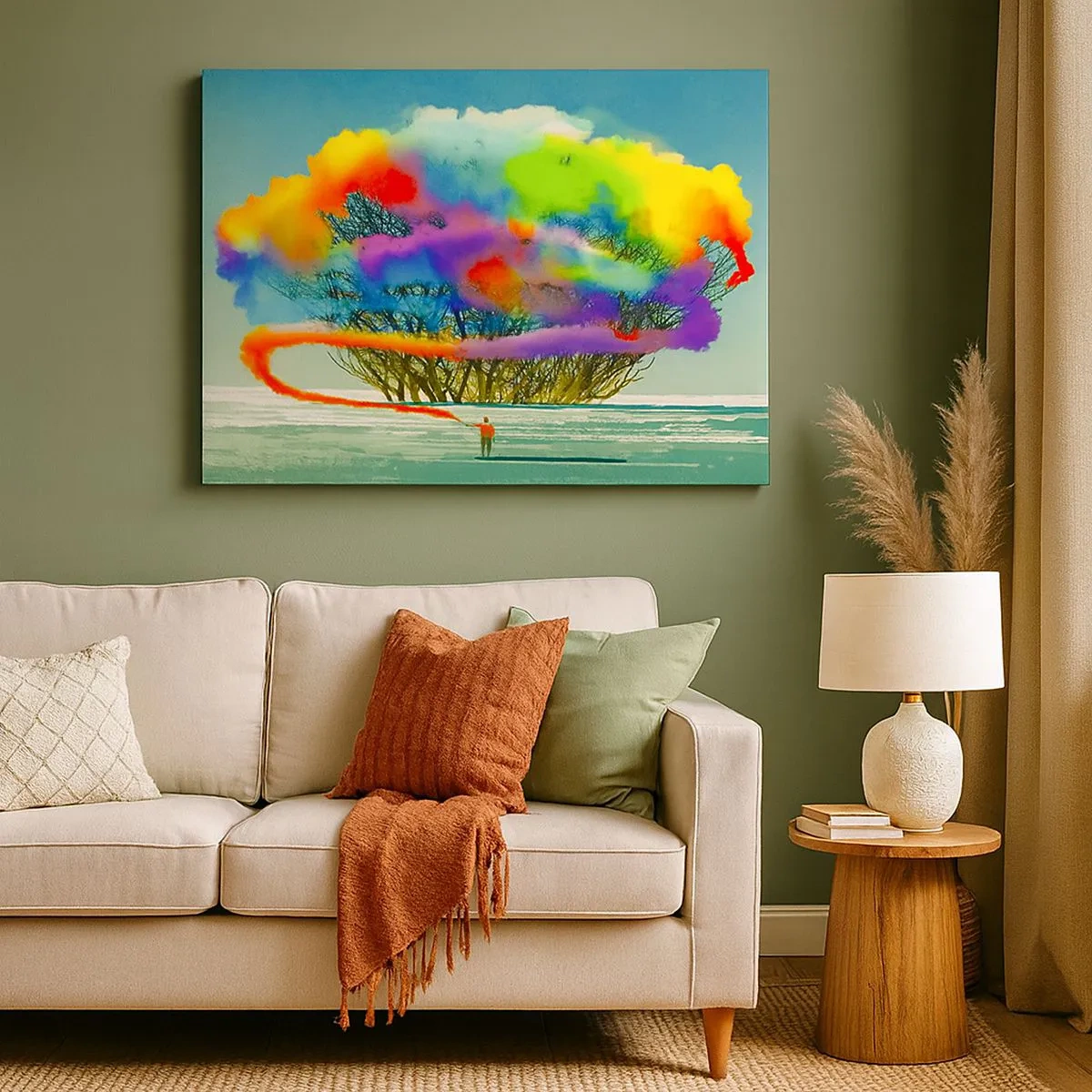 Obraz na plátne - Postava s farebným dymom na pozadí stromu v divočine - 70x50cm - Oživiť tento svet - Moderná nástenná dekorácia do obývacej izby a spálne ARTTOR