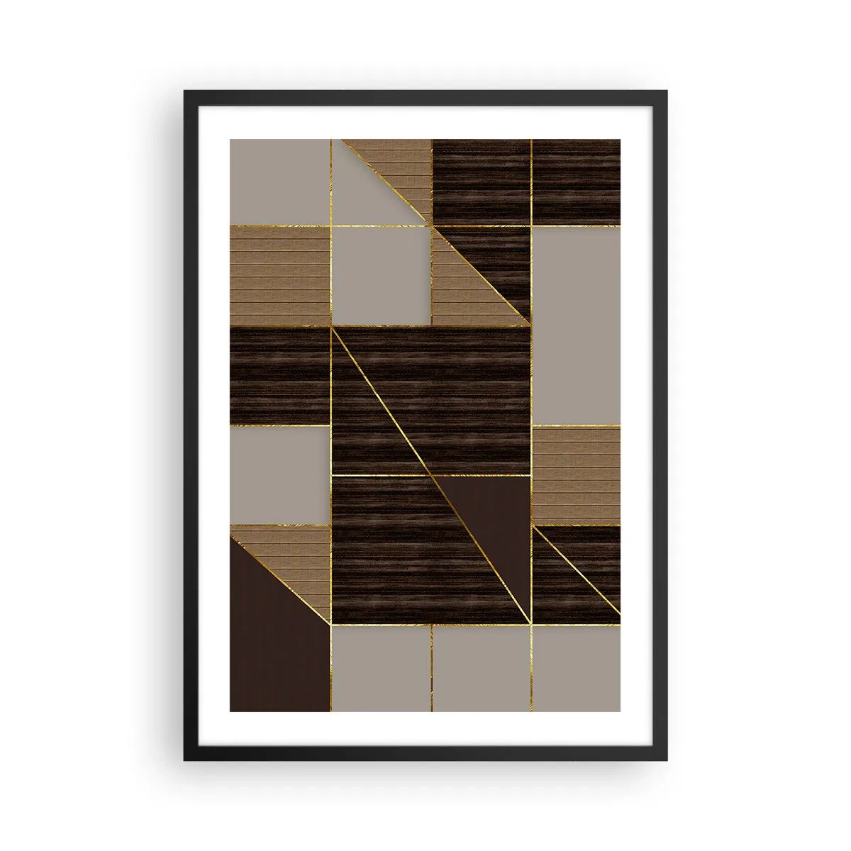 Plagát v čiernom ráme - Geometrická kompozícia v hnedých a zlatých odtieňoch - 50x70cm - Mozaika hnedej a zlatej - Moderná nástenná dekorácia do obývacej izby a spálne ARTTOR