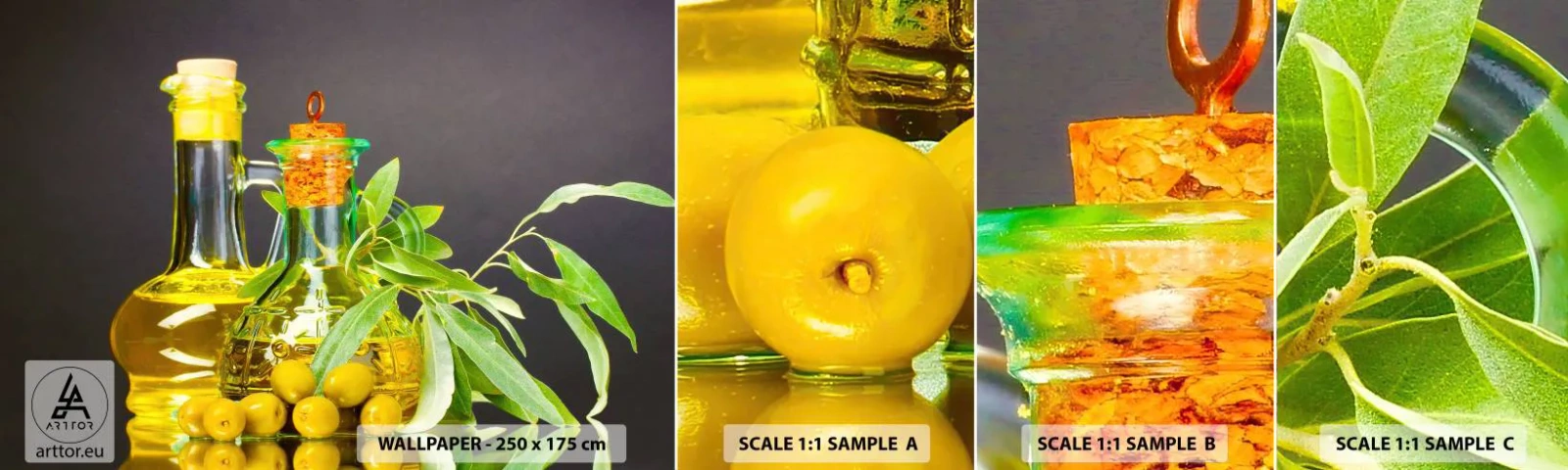 Vzorka Fototapeta Standard Eco - Zátišie s olivami a olejom - Gastronómia, Olivy, Olej - 100x30 cm