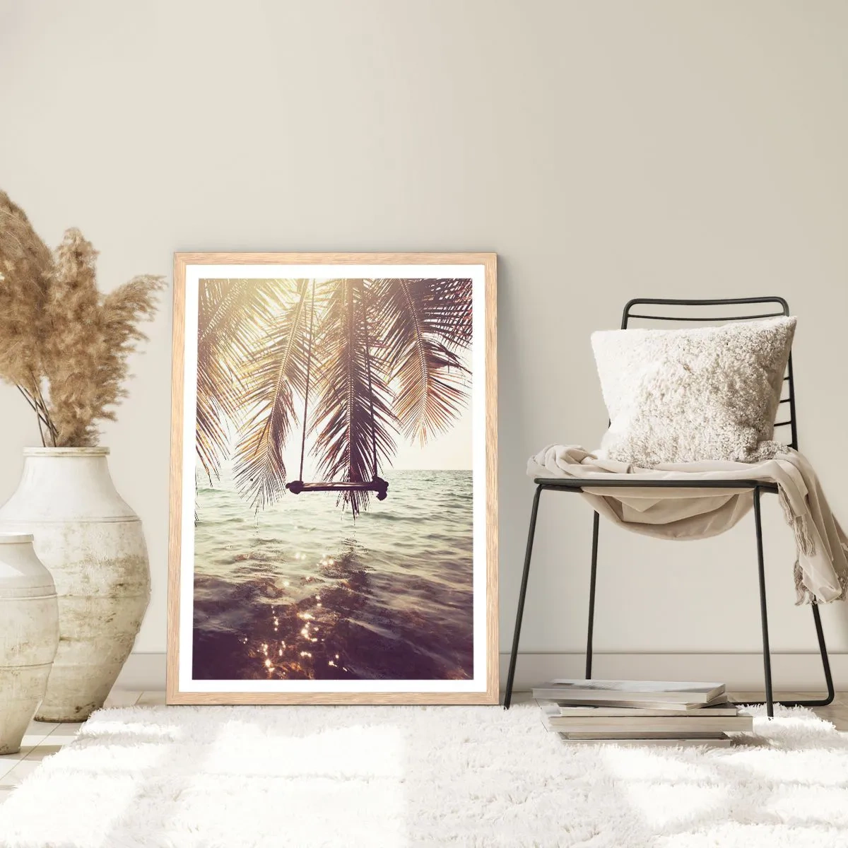 Plagát v ráme zo svetlého duba - Hojdať sa ľubovoľne v oblakoch - 50x70 cm