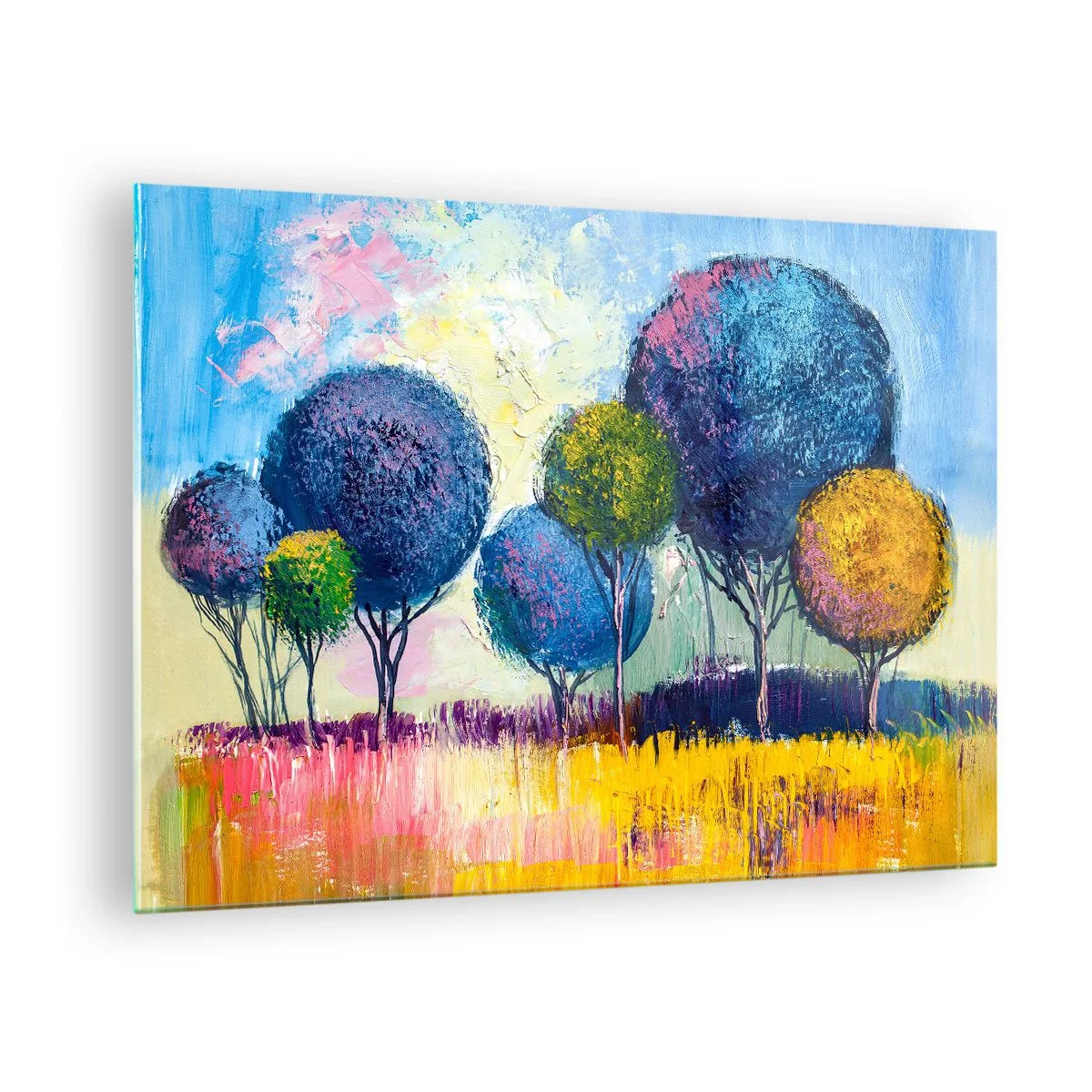 Obraz na skle - Farebné stromy na pozadí abstraktnej krajiny - 70x50cm - Guľa - tvar ideálu - Moderná nástenná dekorácia do obývacej izby a spálne ARTTOR