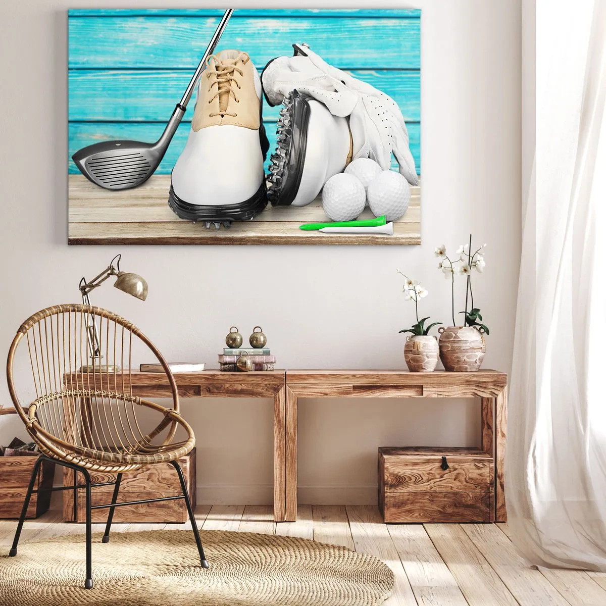 Obraz na plátne - Sada golfového príslušenstva na drevenom pozadí - 70x50cm - Všetko pripravené - Moderná nástenná dekorácia do obývacej izby a spálne ARTTOR