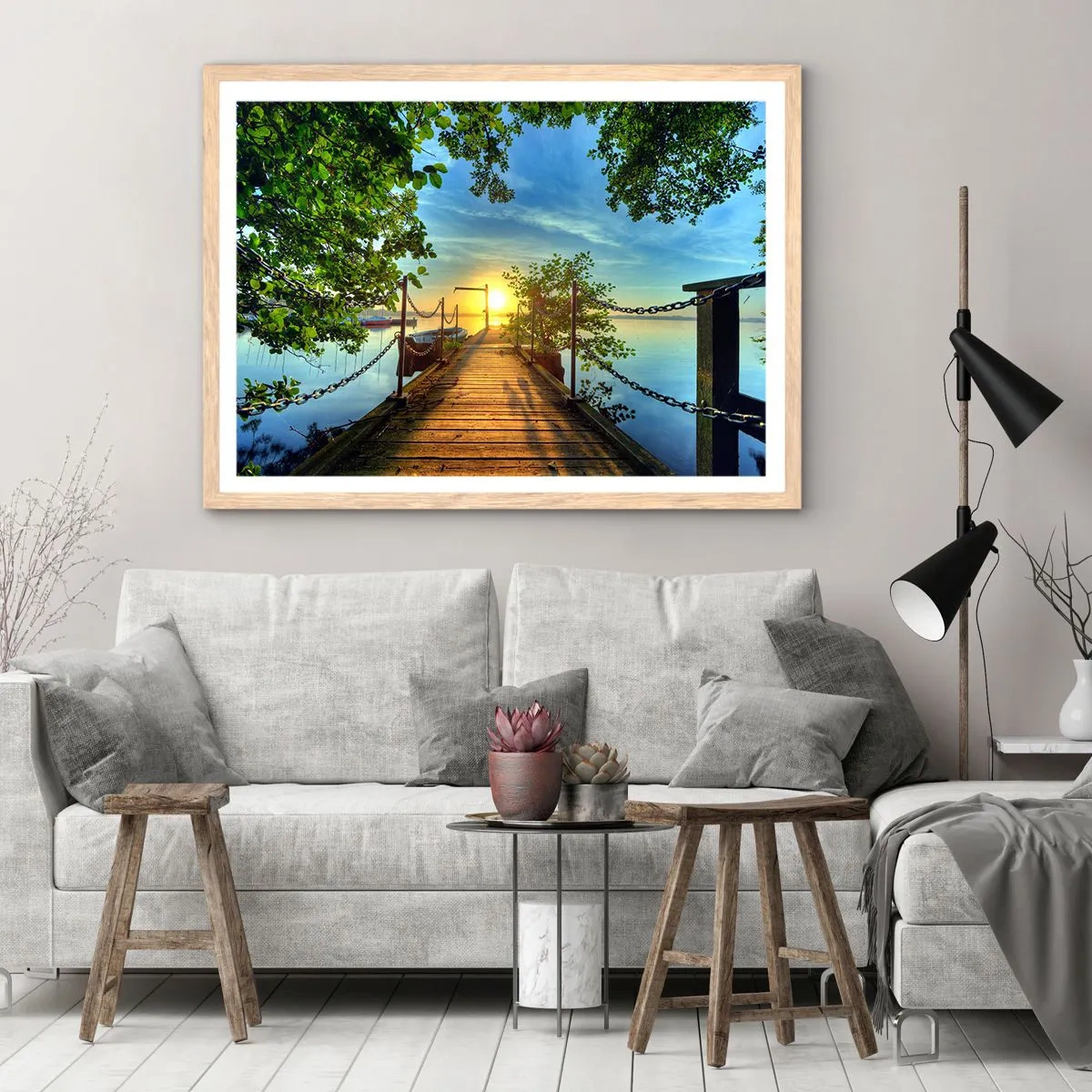 Plagát v ráme zo svetlého duba - Západ pri vode - 70x50 cm