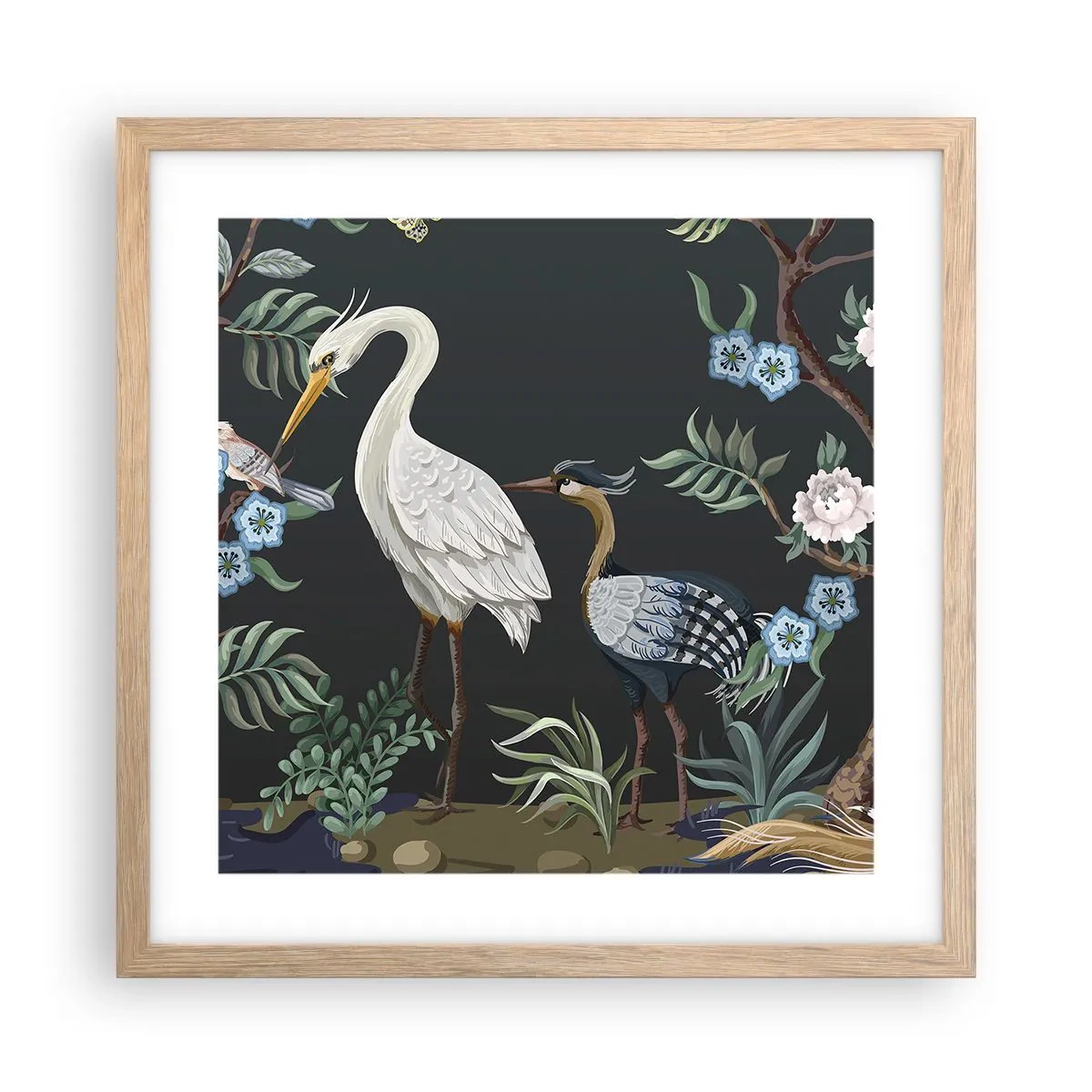 Plagát v ráme zo svetlého duba - Vtáčí sprievod - 40x40 cm