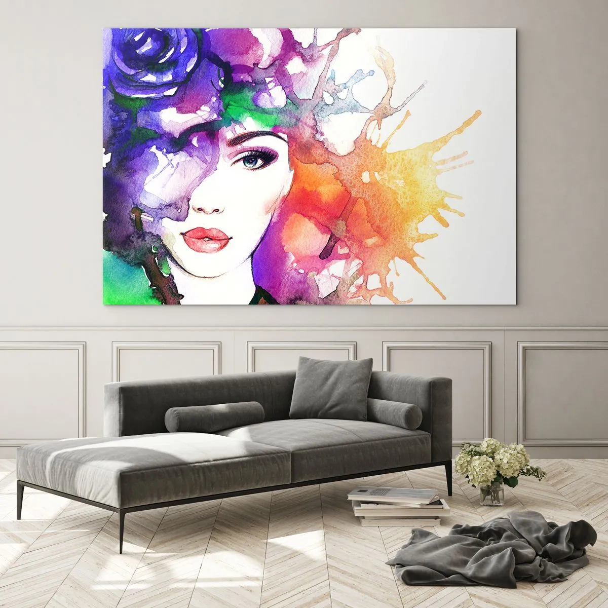 Obraz na skle - Žena s rozmazaným, farebným pozadím v štýle akvarelu - 70x50cm - S hlavou v oblakoch - Moderná nástenná dekorácia do obývacej izby a spálne ARTTOR