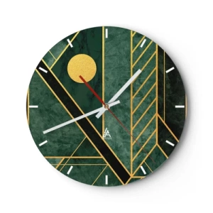 Nástenné hodiny - Zelené pozadie s geometrickými zlatými čiarami a zlatým kruhom - 30x30cm - Dynamika zlata a lazuritu - Moderná nástenná dekorácia do obývacej izby, kuchyne a spálne ARTTOR