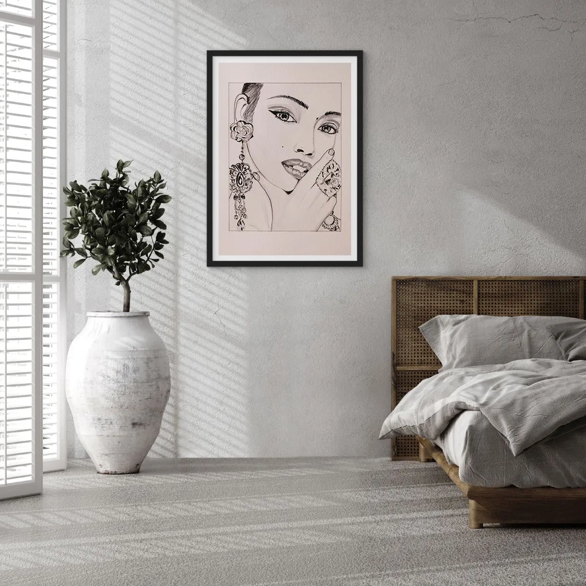 Plagát v čiernom ráme - Náčrt ženy s pôvabnými šperkami - 50x70cm - Najkrajší klenot - Moderná nástenná dekorácia do obývacej izby a spálne ARTTOR
