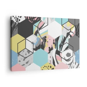 Obraz na plátne - Geometrický šesťuholníkový vzor s farebnými abstraktnými detailmi - 70x50cm - Šesťuholníky a kocky v šiestich farbách - Moderná nástenná dekorácia do obývacej izby a spálne ARTTOR