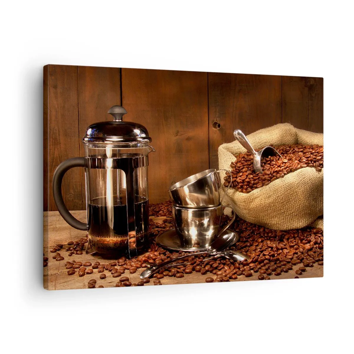 Obraz na plátne - French press, šálky a vrecko kávy na drevenom pozadí - 70x50cm - Kúzlo kávy - aróma a chuť - Moderná nástenná dekorácia do obývacej izby a spálne ARTTOR